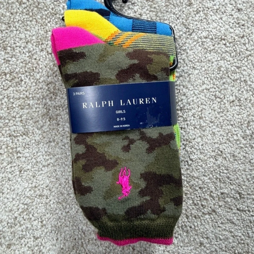 Ralph Lauren Girls 3 Pack Crew Socks Camo Argyle Plaid Blue Pink 8-9.5 NEW